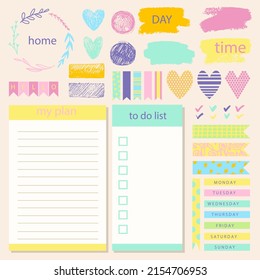 Scrapbook notes and cards. Diary, page notebook, notepad bookmark design. Daily planner element template. Personal memo, paper blank list,  document, sticker, cardboard. Vector illustration. 