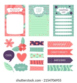 Scrapbook notes and cards. Diary, page notebook, notepad bookmark design. Daily planner element template. Personal memo, paper blank list,  document, sticker, cardboard. Vector illustration. 