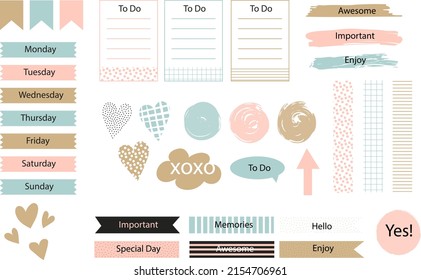 Scrapbook notes and cards. Diary, page notebook, notepad bookmark design. Daily planner element template. Personal memo, paper blank list,  document, sticker, cardboard. Vector illustration. 