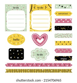 Scrapbook notes and cards. Diary, page notebook, notepad bookmark design. Daily planner element template. Personal memo, paper blank list,  document, sticker, cardboard. Vector illustration. 