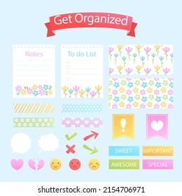 Scrapbook notes and cards. Diary, page notebook, notepad bookmark design. Daily planner element template. Personal memo, paper blank list,  document, sticker, cardboard. Vector illustration. 