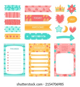 Scrapbook notes and cards. Diary, page notebook, notepad bookmark design. Daily planner element template. Personal memo, paper blank list,  document, sticker, cardboard. Vector illustration. 