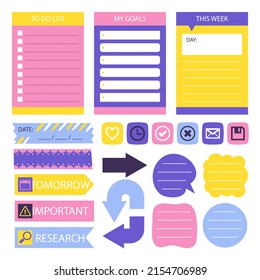 Scrapbook notes and cards. Diary, page notebook, notepad bookmark design. Daily planner element template. Personal memo, paper blank list,  document, sticker, cardboard. Vector illustration. 