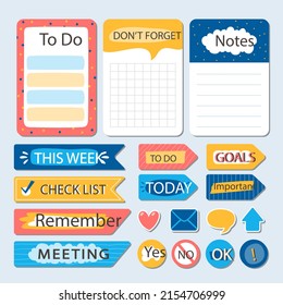 Scrapbook notes and cards. Diary, page notebook, notepad bookmark design. Daily planner element template. Personal memo, paper blank list,  document, sticker, cardboard. Vector illustration. 