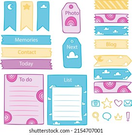 Scrapbook notes and cards. Diary, page notebook, notepad bookmark design. Daily planner element template. Personal memo, paper blank list,  document, sticker, cardboard. Vector illustration. 