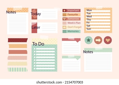 Scrapbook notes and cards. Diary, page notebook, notepad bookmark design. Daily planner element template. Personal memo, paper blank list,  document, sticker, cardboard. Vector illustration. 