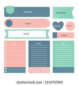 Scrapbook notes and cards. Diary, page notebook, notepad bookmark design. Daily planner element template. Personal memo, paper blank list,  document, sticker, cardboard. Vector illustration. 