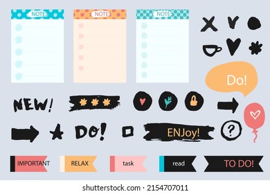 Scrapbook notes and cards. Diary, page notebook, notepad bookmark design. Daily planner element template. Personal memo, paper blank list,  document, sticker, cardboard. Vector illustration. 