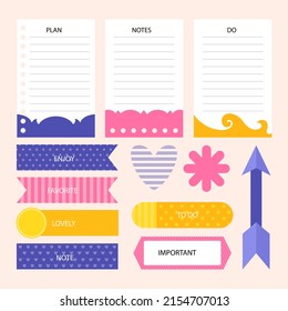 Scrapbook notes and cards. Diary, page notebook, notepad bookmark design. Daily planner element template. Personal memo, paper blank list,  document, sticker, cardboard. Vector illustration. 