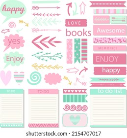 Scrapbook notes and cards. Diary, page notebook, notepad bookmark design. Daily planner element template. Personal memo, paper blank list,  document, sticker, cardboard. Vector illustration. 