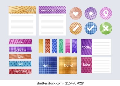Scrapbook notes and cards. Diary, page notebook, notepad bookmark design. Daily planner element template. Personal memo, paper blank list,  document, sticker, cardboard. Vector illustration. 