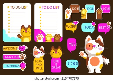 Scrapbook notes and cards. Diary, page notebook, notepad bookmark design. Daily planner element template. Personal memo, paper blank list,  document, sticker, cardboard. Vector illustration. 