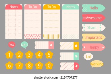 Scrapbook notes and cards. Diary, page notebook, notepad bookmark design. Daily planner element template. Personal memo, paper blank list,  document, sticker, cardboard. Vector illustration. 