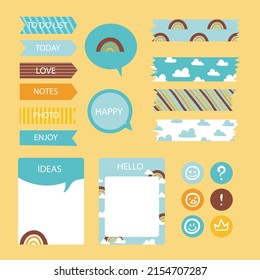 Scrapbook notes and cards. Diary, page notebook, notepad bookmark design. Daily planner element template. Personal memo, paper blank list,  document, sticker, cardboard. Vector illustration. 