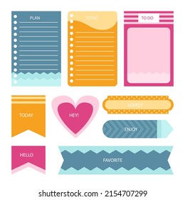 Notas y tarjetas de cuaderno de calificaciones. Diario, bloc de notas de página, diseño de marcadores de notas. Plantilla de elemento planificador diario. Memo personal, lista en blanco de papel, documento, etiqueta adhesiva, cartón. Ilustración vectorial. 