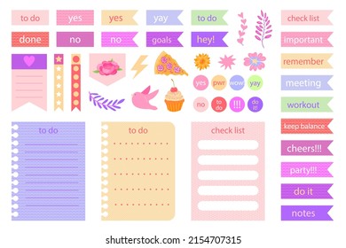 Scrapbook notes and cards. Diary, page notebook, notepad bookmark design. Daily planner element template. Personal memo, paper blank list,  document, sticker, cardboard. Vector illustration. 