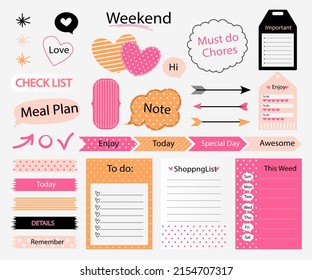 Scrapbook notes and cards. Diary, page notebook, notepad bookmark design. Daily planner element template. Personal memo, paper blank list,  document, sticker, cardboard. Vector illustration. 