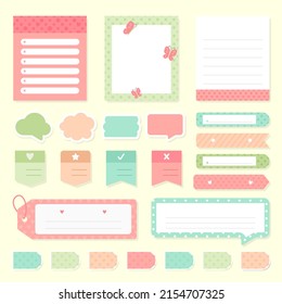 Scrapbook notes and cards. Diary, page notebook, notepad bookmark design. Daily planner element template. Personal memo, paper blank list,  document, sticker, cardboard. Vector illustration. 