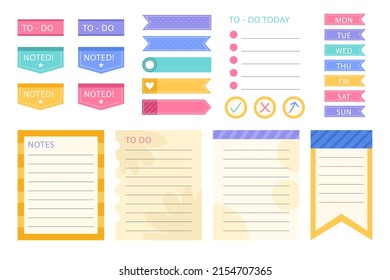 Notas y tarjetas de cuaderno de calificaciones. Diario, bloc de notas de página, diseño de marcadores de notas. Plantilla de elemento planificador diario. Memo personal, lista en blanco de papel, documento, etiqueta adhesiva, cartón. Ilustración vectorial. 