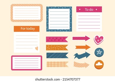 Scrapbook notes and cards. Diary, page notebook, notepad bookmark design. Daily planner element template. Personal memo, paper blank list,  document, sticker, cardboard. Vector illustration. 
