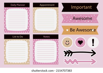 Scrapbook notes and cards. Diary, page notebook, notepad bookmark design. Daily planner element template. Personal memo, paper blank list,  document, sticker, cardboard. Vector illustration. 