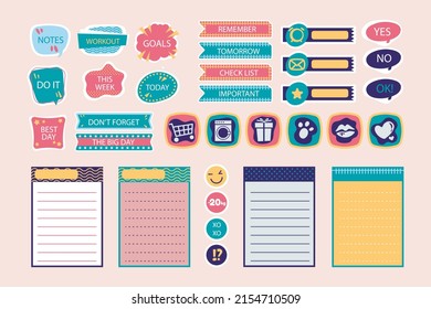 Scrapbook notes and cards. Diary, page notebook, notepad bookmark design. Daily planner element template. Personal memo, paper blank list,  document, sticker, cardboard. Vector illustration. 