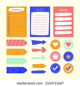Scrapbook notes and cards. Diary, page notebook, notepad bookmark design. Daily planner element template. Personal memo, paper blank list,  document, sticker, cardboard. Vector illustration. 