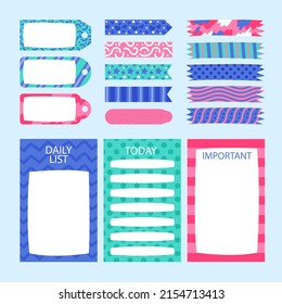 Scrapbook notes and cards. Diary, page notebook, notepad bookmark design. Daily planner element template. Personal memo, paper blank list,  document, sticker, cardboard. Vector illustration. 
