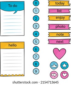 Scrapbook notes and cards. Diary, page notebook, notepad bookmark design. Daily planner element template. Personal memo, paper blank list,  document, sticker, cardboard. Vector illustration. 