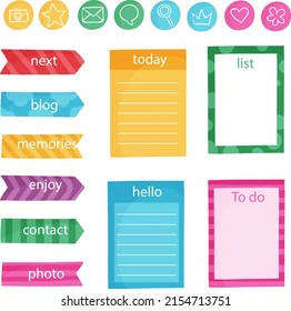 Scrapbook notes and cards. Diary, page notebook, notepad bookmark design. Daily planner element template. Personal memo, paper blank list,  document, sticker, cardboard. Vector illustration. 