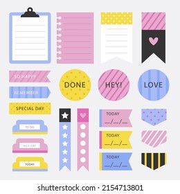 Scrapbook notes and cards. Diary, page notebook, notepad bookmark design. Daily planner element template. Personal memo, paper blank list,  document, sticker, cardboard. Vector illustration. 