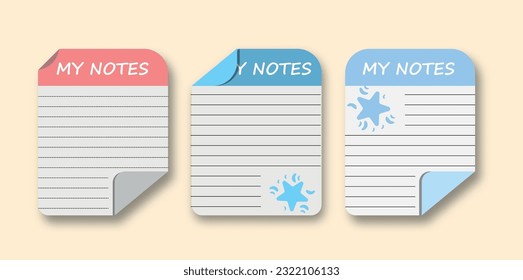 Scrapbook notes and cards. Diary, page notebook, notepad bookmark design. Daily planner element template. Personal memo, paper blank list, document, sticker, cardboard. Vector illustration.