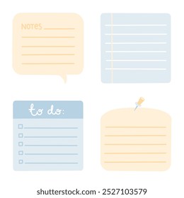 Scrapbook notas y tarjetas. Diario, cuaderno de página, diseño de marcador de bloc de notas. Plantilla diaria de elementos del planificador. Nota personal, lista en blanco de papel, documento, pegatina, cartón. Ilustración vectorial.