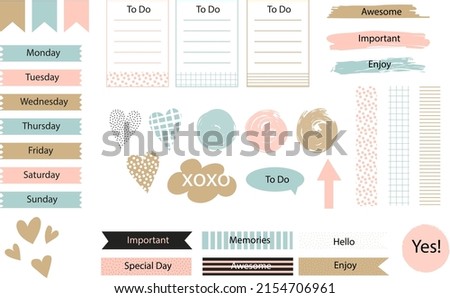 Scrapbook notes and cards. Diary, page notebook, notepad bookmark design. Daily planner element template. Personal memo, paper blank list,  document, sticker, cardboard. Vector illustration. 