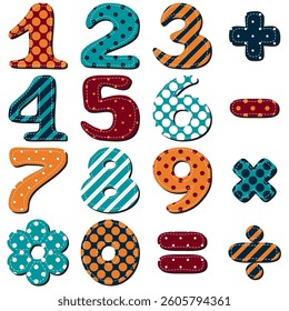 Scrapbook numbers and signs on white background isolated vector illustration	