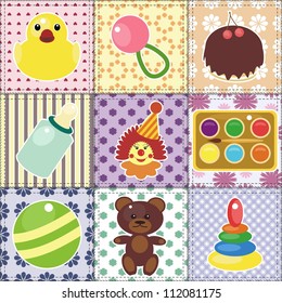 scrapbook objects for baby on patchwork background