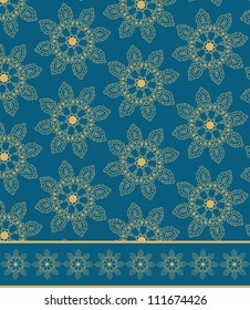 Scrapbook paper design with with golden rosettes on blue background