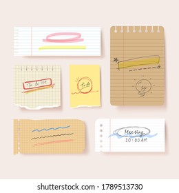 Scrapbook papers. Blank notepad pages vector illustration.Paper glued to wall with tape