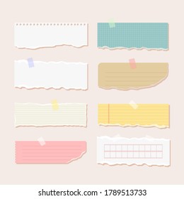 Scrapbook papers. Blank notepad pages vector illustration.Paper glued to wall with tape