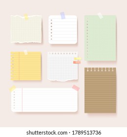 Scrapbook papers. Blank notepad pages vector illustration.Paper glued to wall with tape