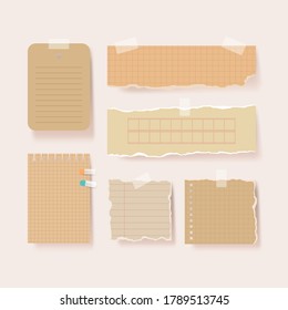 Scrapbook papers. Blank notepad pages vector illustration.Paper glued to wall with tape