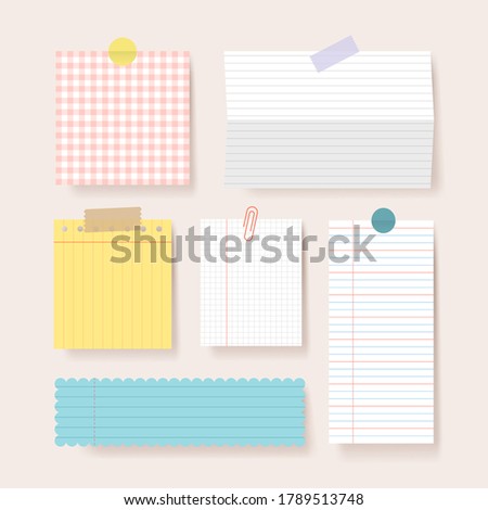 Scrapbook papers. Blank notepad pages vector illustration.Paper glued to wall with tape