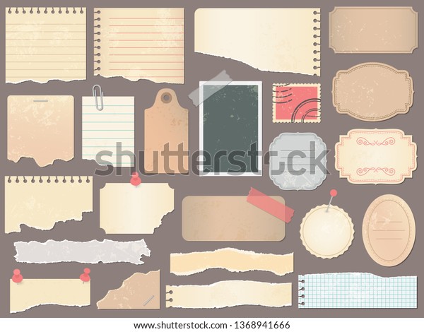 Scrapbook papers. Vintage scrapbooking paper, retro
scraps pages and old antique album papers texture. Cardboard
scrapbooks memo tags or notebook page. Vector illustration isolated
symbols set