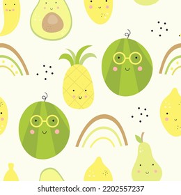 Scrapbook-Muster Cute-Früchte auf weißem Hintergrund. Kinder Nahtloser Hintergrund für Baby-Bekleidung, kindisches Menü, Packpapier. Vektorgrafik