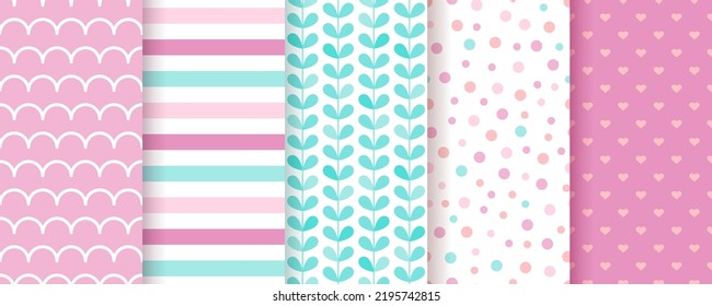Scrapbook pattern. Seamless baby shower background. Set pink packing paper. Cute textures with polka dot, stripes, hearts, leaves, waves. Trendy pastel print for scrap design. Color vector illustratio