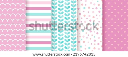 Scrapbook pattern. Seamless baby shower background. Set pink packing paper. Cute textures with polka dot, stripes, hearts, leaves, waves. Trendy pastel print for scrap design. Color vector illustratio