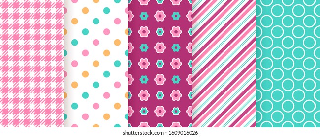 Scrapbook pattern. Seamless background. Vector. Cute textures with check, polka dots, stripes, and flower. Set chic packing paper. Trendy frame print. Modern illustration. Color backdrop.