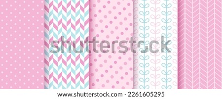 Scrapbook pattern. Seamless pink background. Set baby shower packing papers. Trendy pastel print for scrap design. Cute textures with polka dot, leaves and herringbone. Color vector illustration.   