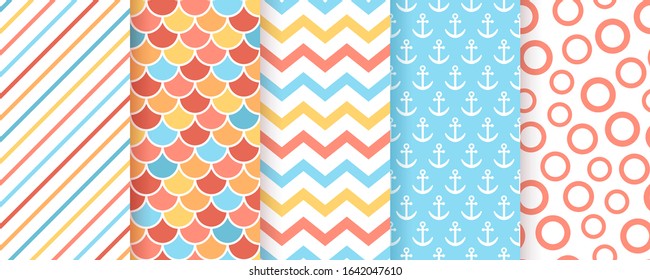 Scrapbook pattern. Vector. Seamless background. Cute textures with circles, stripes, zigzag, fish scale and anchors. Set chic packing paper. Trendy print for scrap design. Modern Color illustration. 