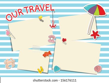 Scrapbook or photo album vector page template. Save your travel's memoirs and paste in page your photos. Blue striped on white background, frame with shadow for photo and sea elements.